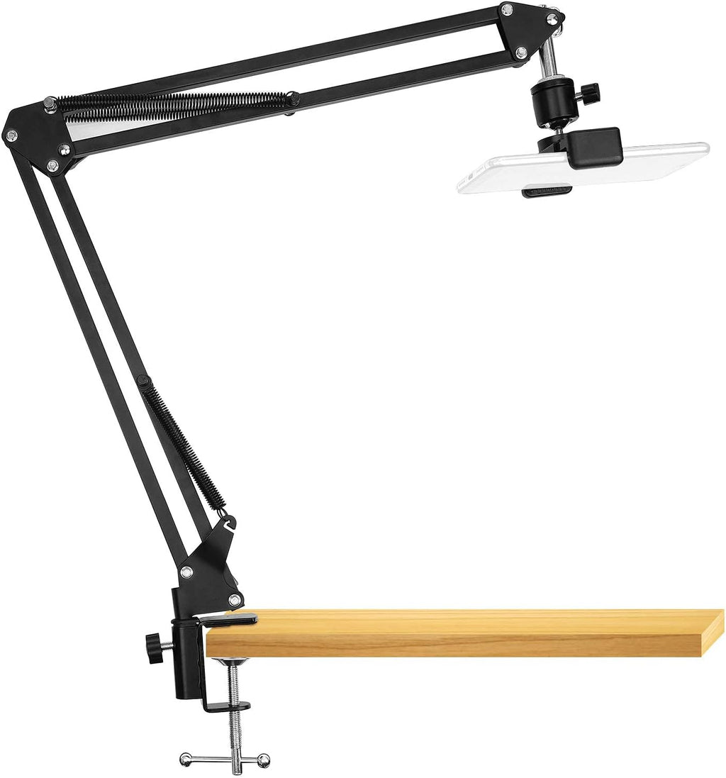 Overhead Video Stand Phone Holder Articulating Arm Phone Mount Table Top  Scissor Boom Arm Articulating Phone Stand Tablet Phone Holder for Streaming Phone Baking Crafting